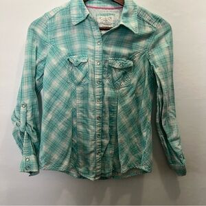 Style & Co Light Blue and White Plaid Button-Up Shirt Kids Size Petite Small